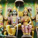 Lord Rama and Sita seated on a throne with Parivar - Rama Shlokas