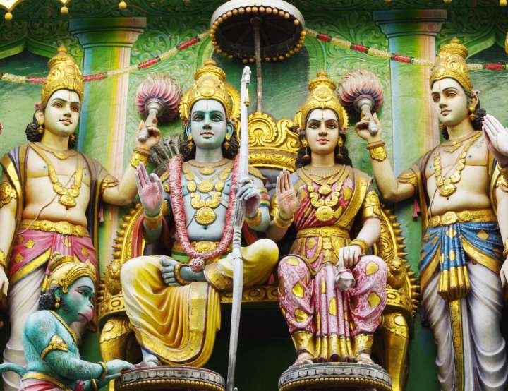 Lord Rama and Sita seated on a throne with Parivar - Rama Shlokas