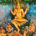 Colorful Hindu myth painting of a central deity seated cross‑legged under a tree, with several sages gathered around in a lush landscape.