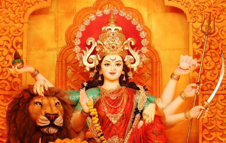Goddess Durga in a mandapa - Durga Gayatri Mantra