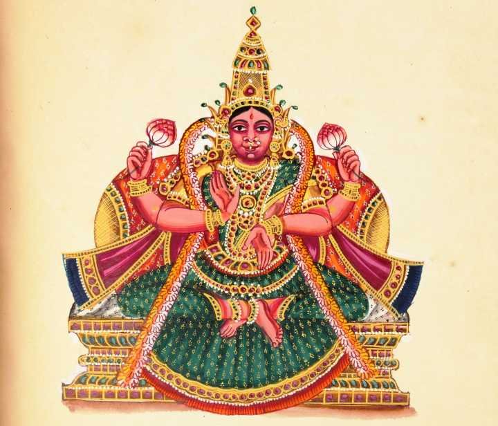 Goddess Mahalakshmi described as in Mahalakshmi Mantra in traditional form holding lotuses.